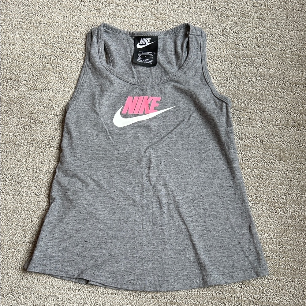 Nike Girls Heather Gray Tank Top with Pink Logo